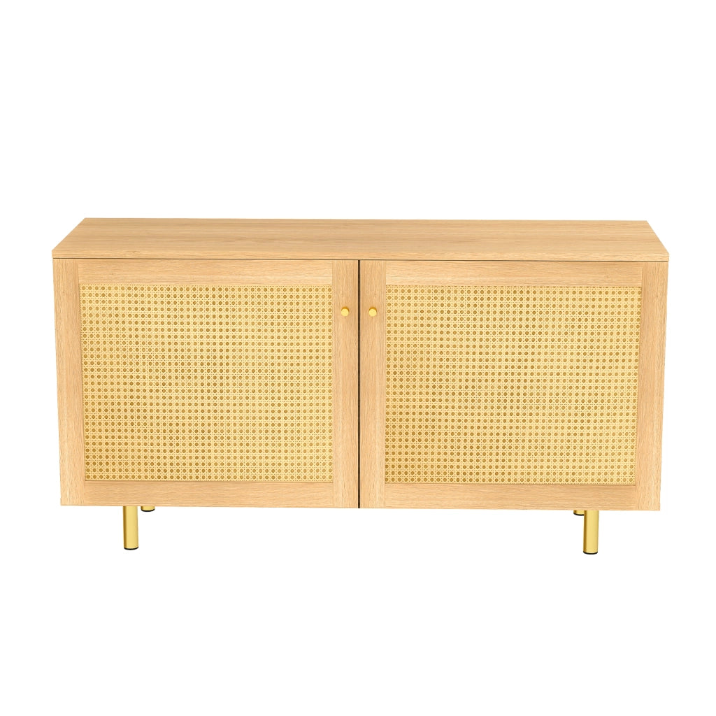 Mobile contenitore a 2 ante con ante in rattan intrecciato, struttura in MDF e piedini in metallo, finitura naturale 120×40×63 cm