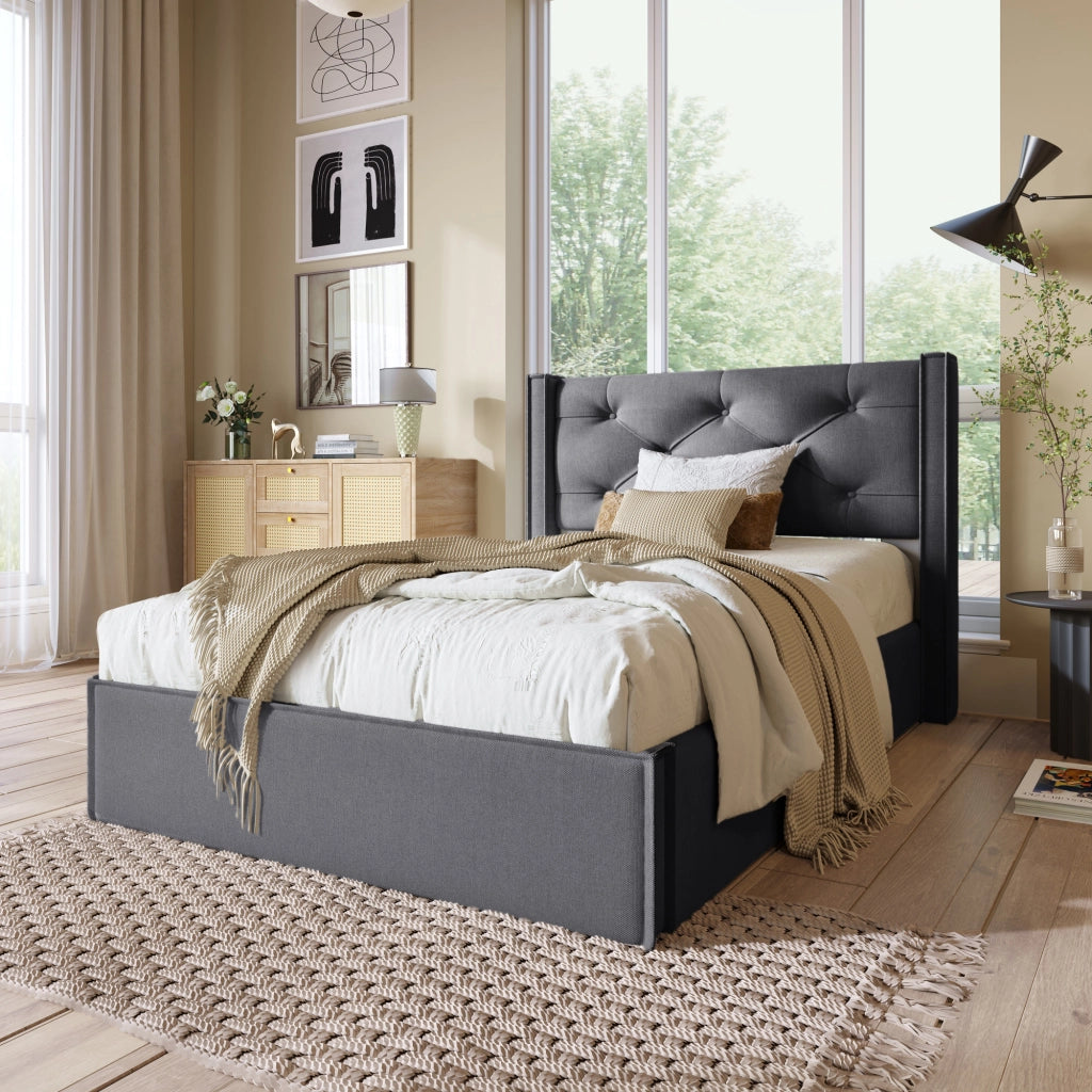 Letto Contenitore 90×200 cm; Letto Singolo con Vano Contenitore e Testiera Imbottita; senza Materasso; Grigio