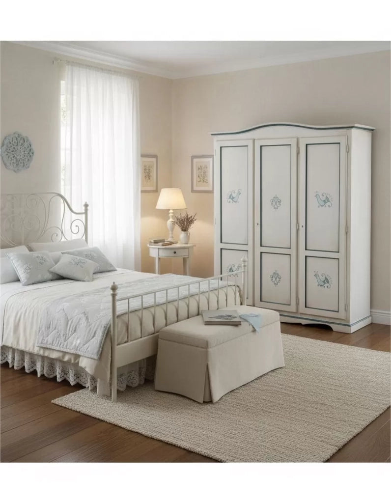 Armadio 3 porte bianco anticato filo blu pavoncella 158x56x197 - Mobili 2G