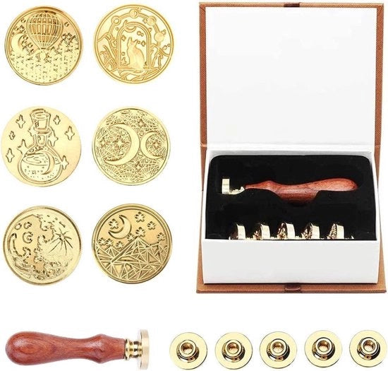 Set di Sigillatura a Cera - Stampo Celeste - 6 PEZzi - Manico in Legno - Vintage - Personalizzato - Carte di Invito - Inviti