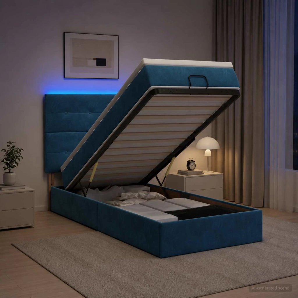 Letto Ottomano con Materasso e LED Blu scuro 100 x 200 cm 3458287