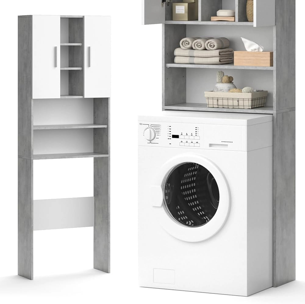 Mobile per lavatrice Luis, Calcestruzzo, 64 x 190 cm, per la conservazione di detersivi e accessori da bagno