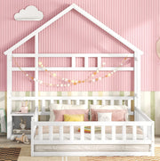 Letto per bambini a forma di casetta 140x200 cm con sponda di sicurezza e comodino; bianco