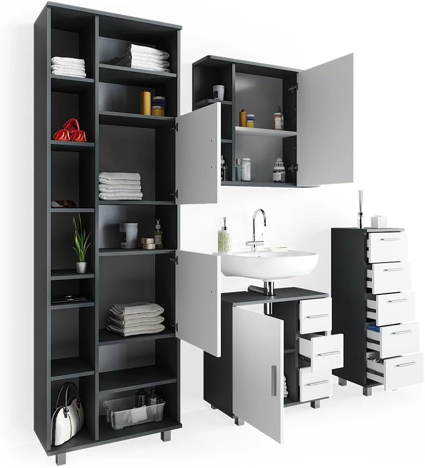 Set mobili bagno Ilias, Antracite, 60 cm, composto da mobile lavabo, pensile a specchio, colonna e base media
