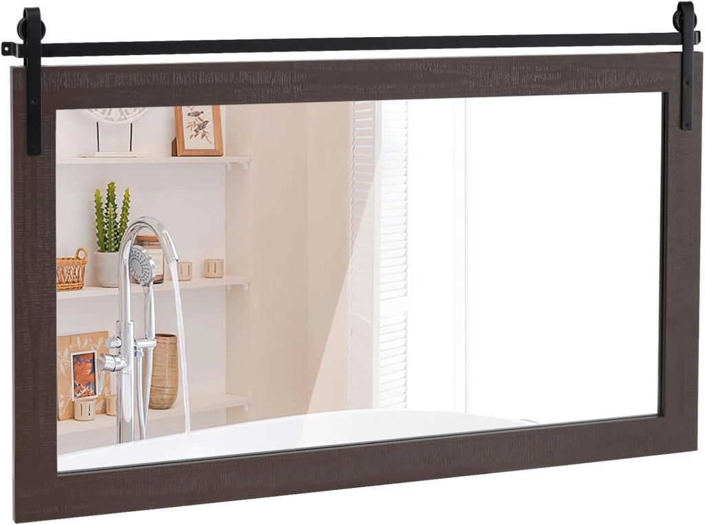 Specchio da Parete 100 x 66 cm, Specchio Rettangolare con Cornice in Legno Massiccio e Staffa in Metallo, Decorazione da Parete per Soggiorno Ingresso Bagno, Marrone (Noce)