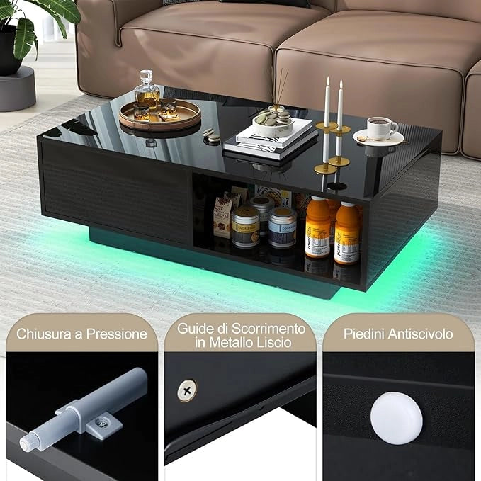 Tavolino da Salotto in Legno, Tavolino Moderno e Rettangolare con 20 Colori di Luci a LED, Telecomando, Cassetto e Ripiano Aperto, Tavolino per Studio e Ufficio (Nero)