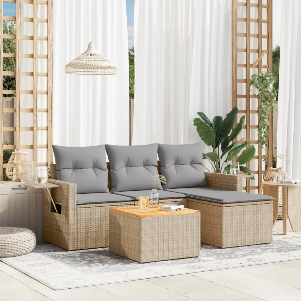 Set Divano da Giardino 5 pz | Set Salotto da Giardino con Cuscini Beige in Polyrattan