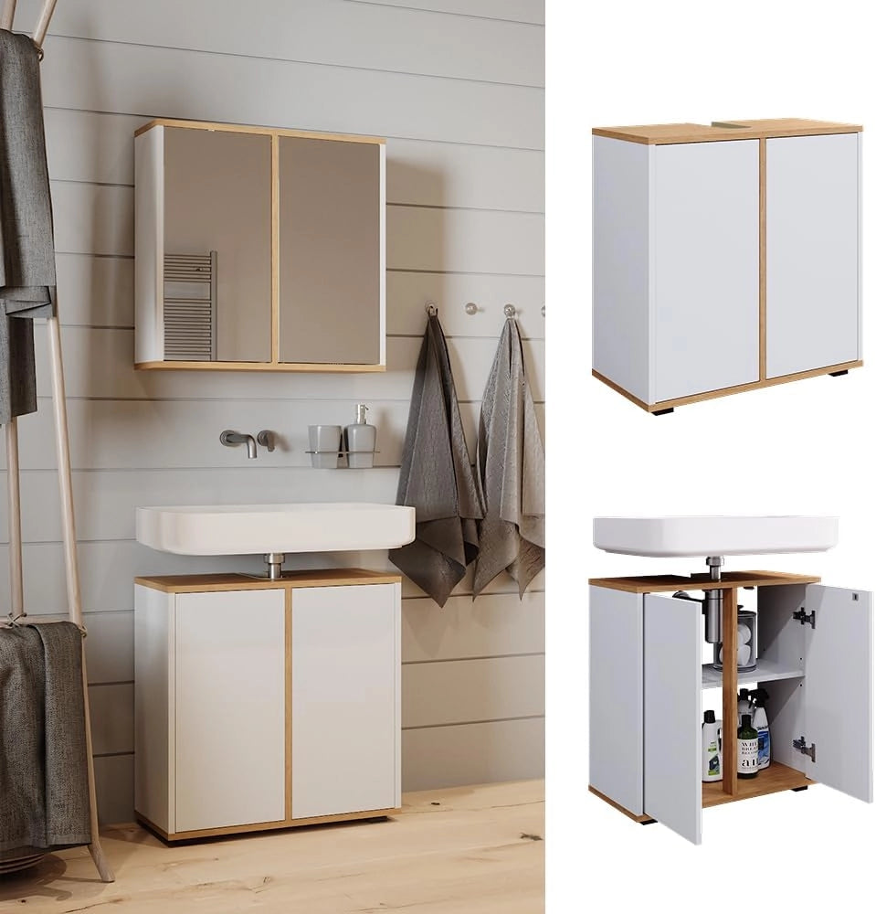 Mobile sottolavabo per bagno Didi, Bianco/Artisan, 60 x 62 cm con 2 porte, per la conservazione di articoli da bagno e prodotti per la cura personale