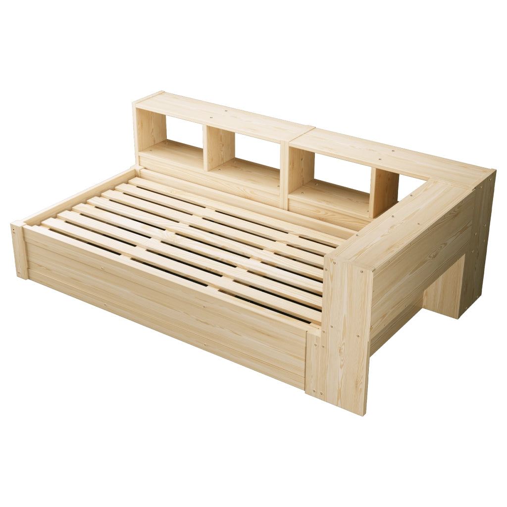 Letto singolo 90 × 200 cm con presa multifunzione, luce LED, vani contenitore e senza materasso, legno naturale
