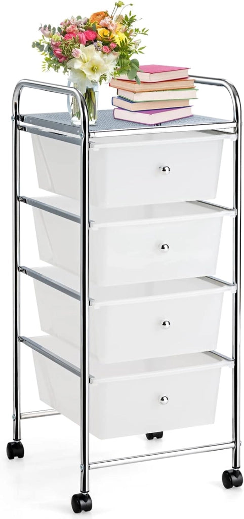 Carrello portaoggetti a 4 cassetti removibili in plastica, tornio portaoggetti con ruote in metallo con struttura a rotelle, organizer per ufficio, camera da letto, bagno (trasparente)