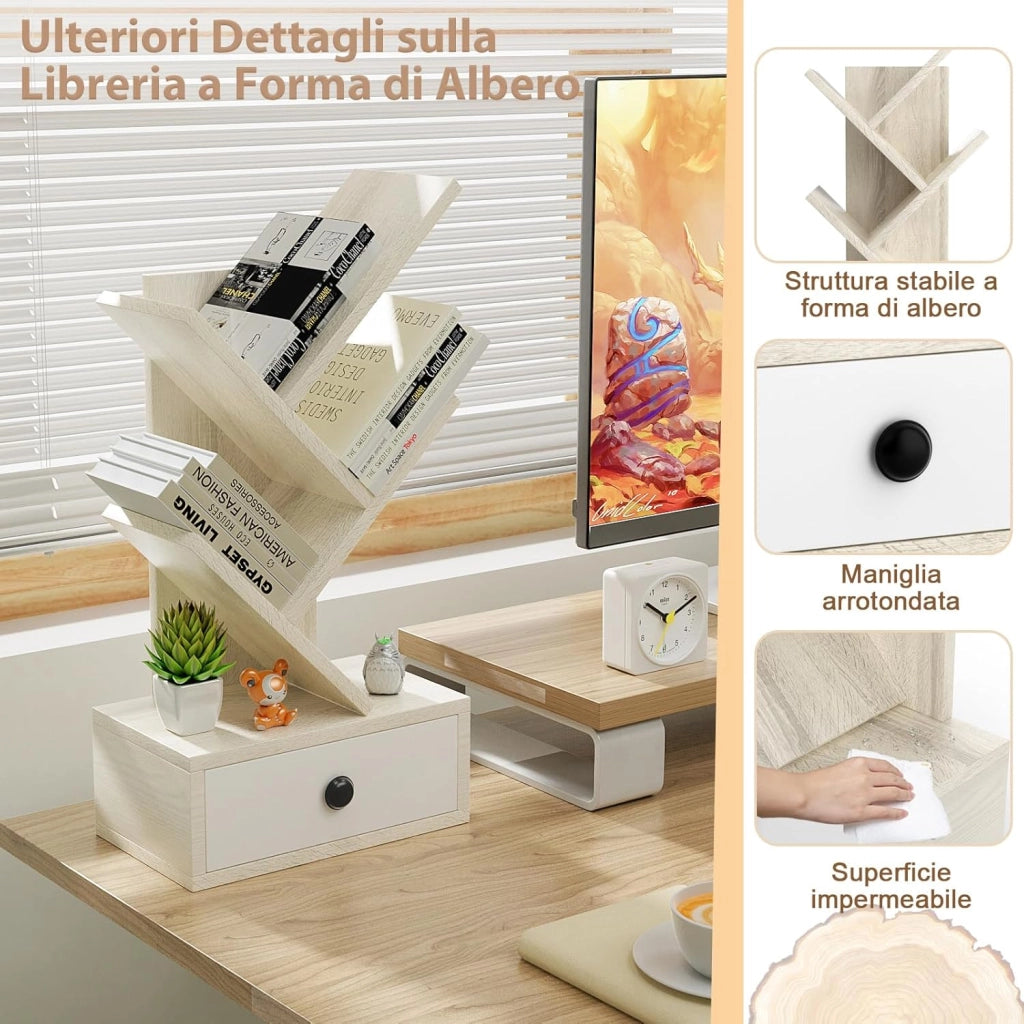 Libreria ad Albero a 5 Ripiani per Scrivania, Libreria Mini da Esposizione con Cassetto, Scaffale per Libri, 30 x 17,5 x 60 cm (Beige)