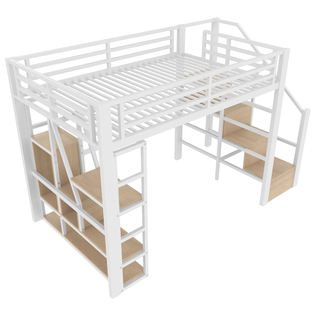 LETTO a soppalco 140 x 200 cm metallo e MDF bianco con LED