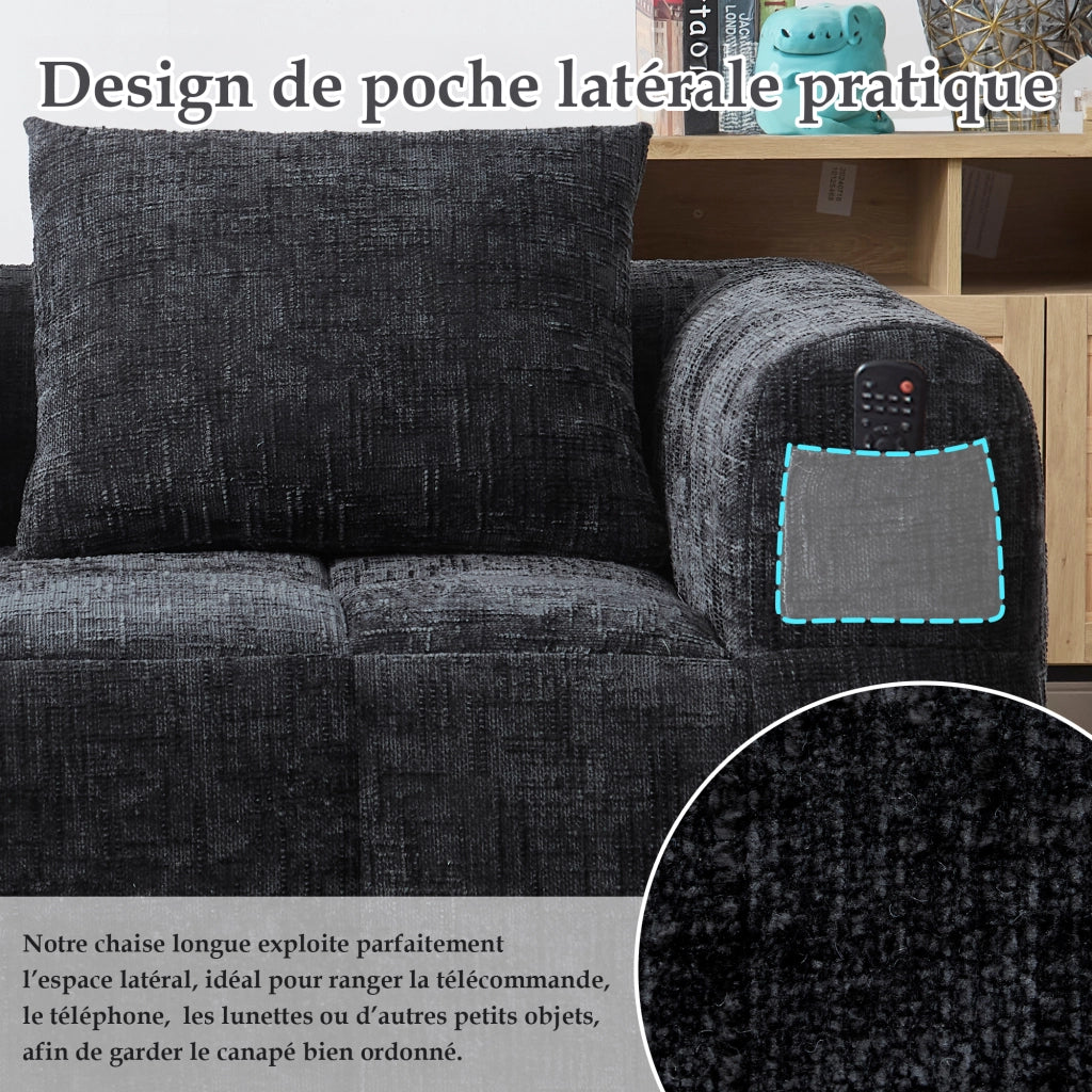 Divano 2 Posti con Tasche Laterali e Cuscino; Stile Chaise Longue in Ciniglia Nero 158 x 90 x 60 cm