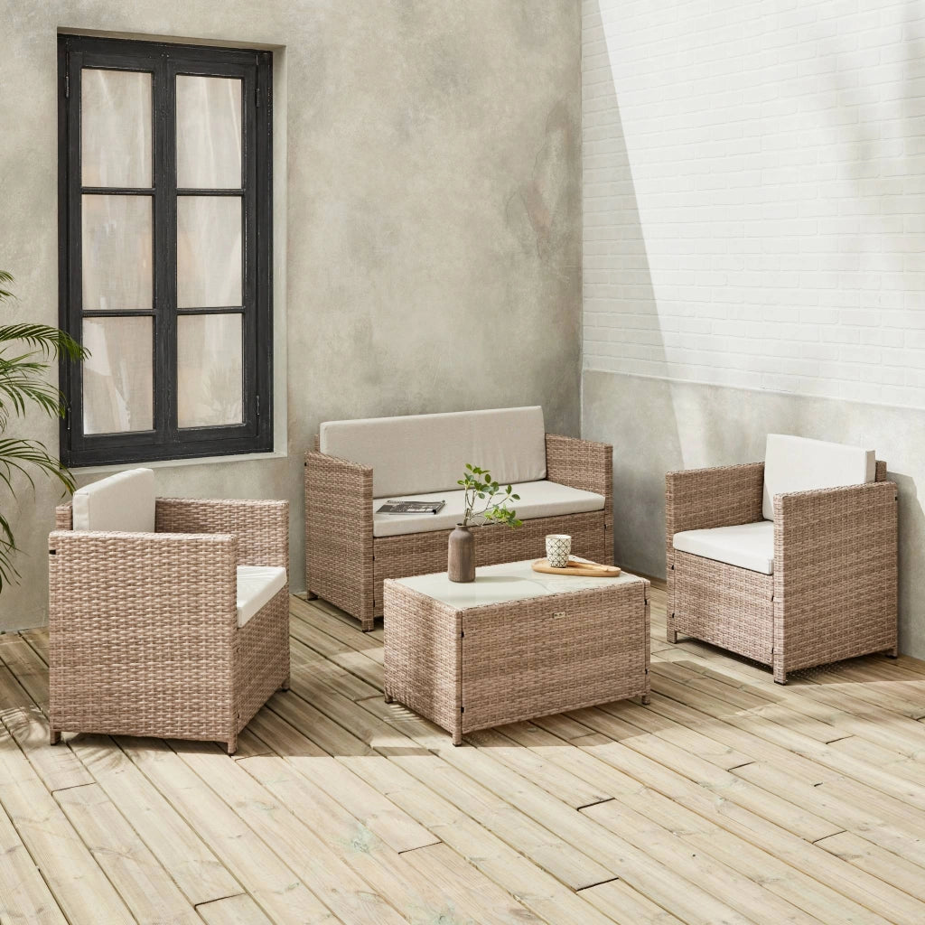 Salotto da giardino in resina intrecciata, 4 posti, marrone naturale