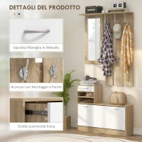 Mobile Appendiabiti 3 in 1 con Scarpiera e Specchio, Ganci e Cassetti, in Legno, 90x24x177 cm, Bianco e Quercia