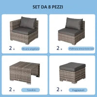 Salotto da Esterno in Rattan PE da 8 Pezzi, Set Mobili da Giardino Salvaspazio con Poltrone, Tavolini e Sgabelli, Grigio