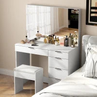 Set Tavolo da Trucco con Specchio e 5 Cassetti 97.2x44.5x136.5 cm e Sgabello Imbottito 40x24x46 cm, Bianco