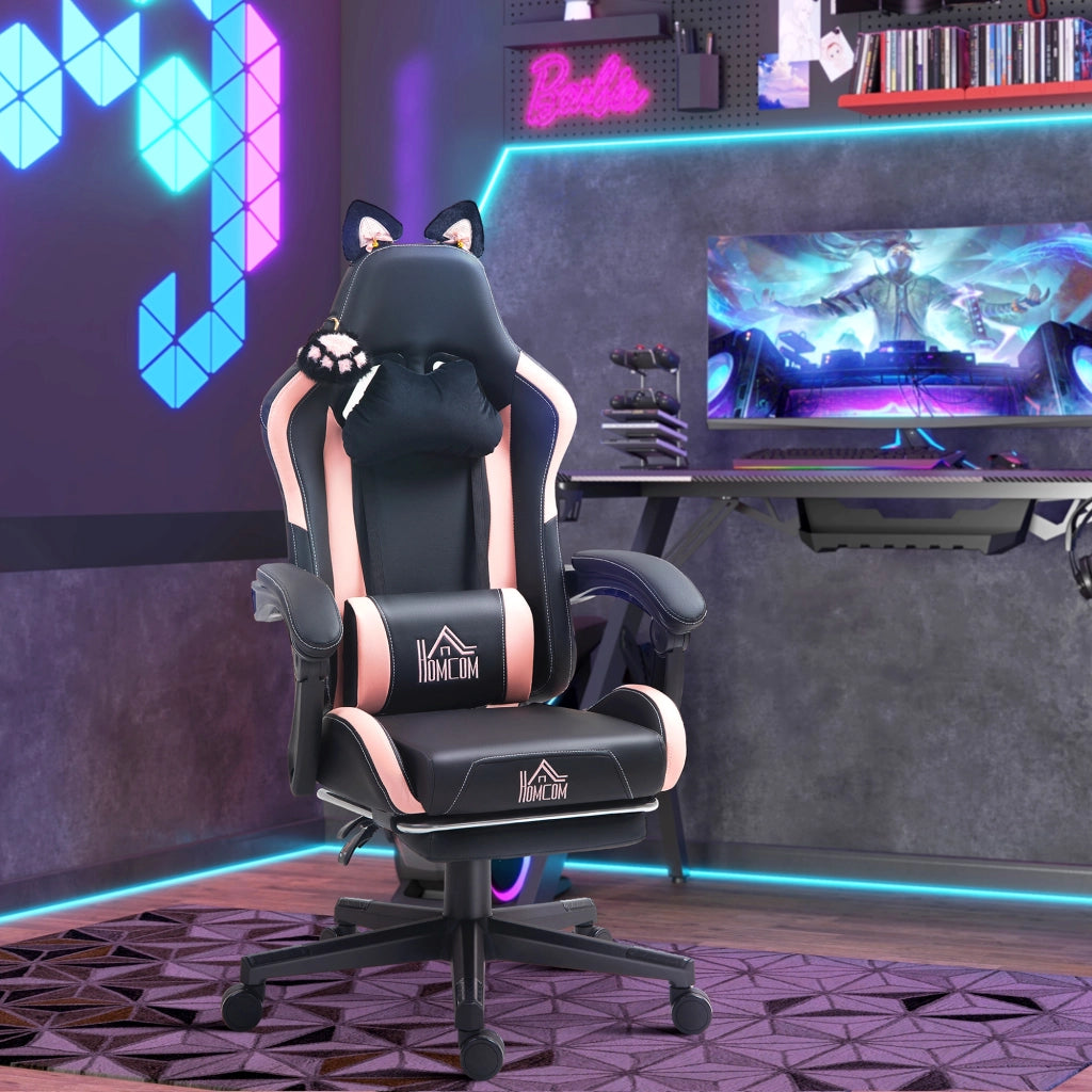 Poltrona Gaming con Orecchie Gatto ¨C Zephmum ¨C Rosa e Nero, Reclinabile, Poggiapiedi Estraibile