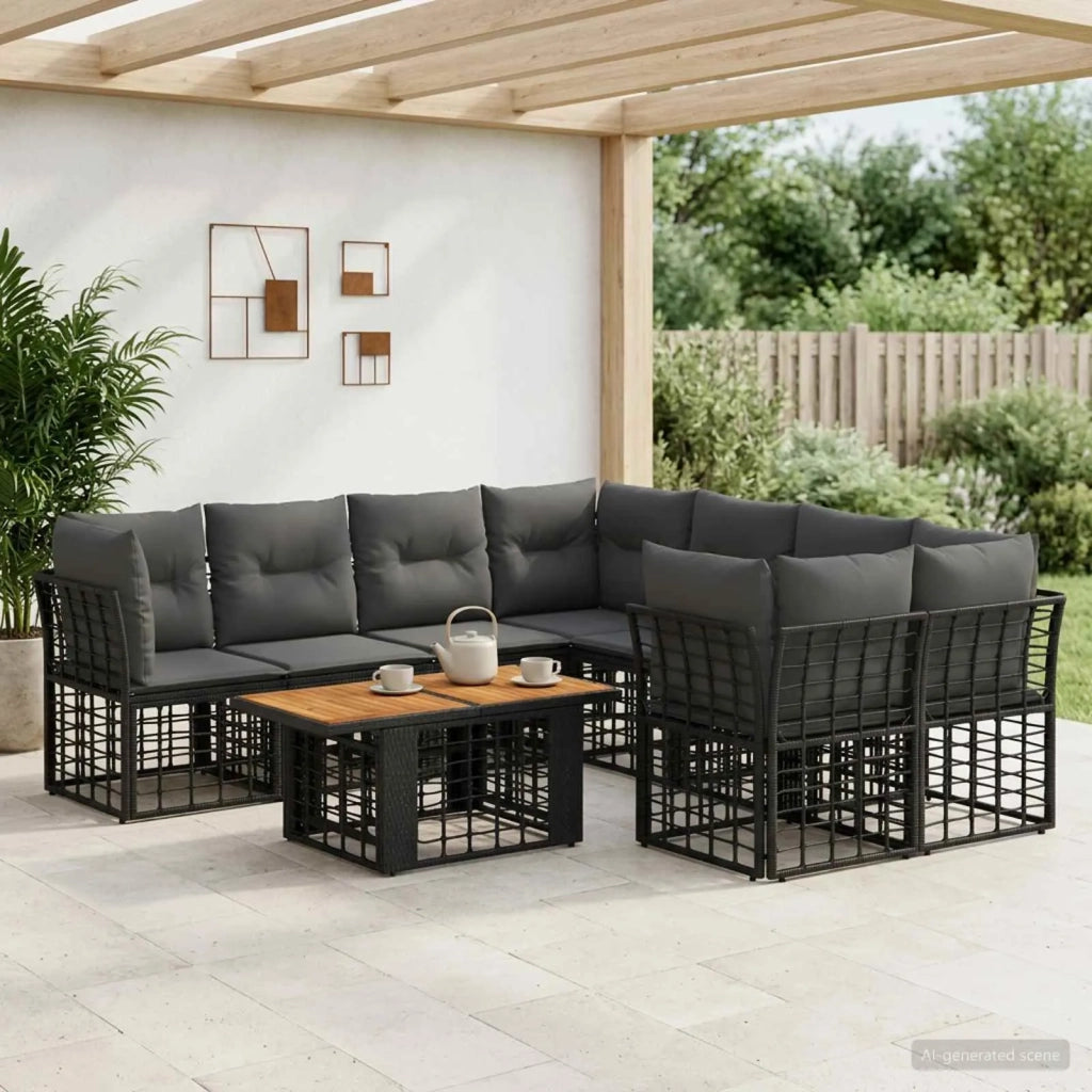 Set Divano da Giardino 9 pz Nero e Grigio scuro polyrattan 3437839