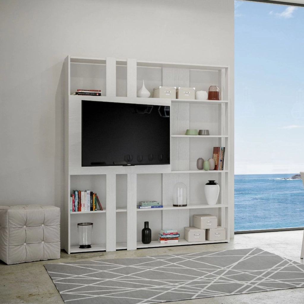 Libreria a giorno Kato L con pannello porta TV bianco frassino