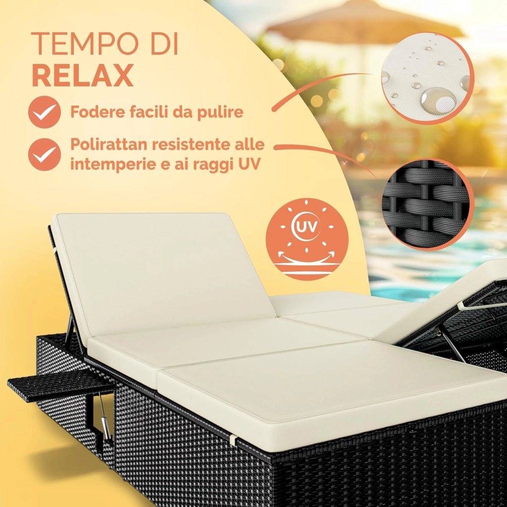 ® Lettino Prendisole 2 Persone in Polyrattan Regolabile in 7 Posizioni con Tavolino Sdraio da Giardino 200x160cm