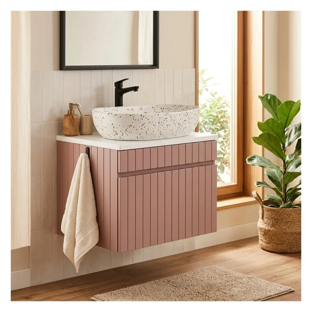 Set ICON: mobile sottolavabo 60cm rosa cipria + piano per lavabo bianco + lavabo da appoggio marmorizzato