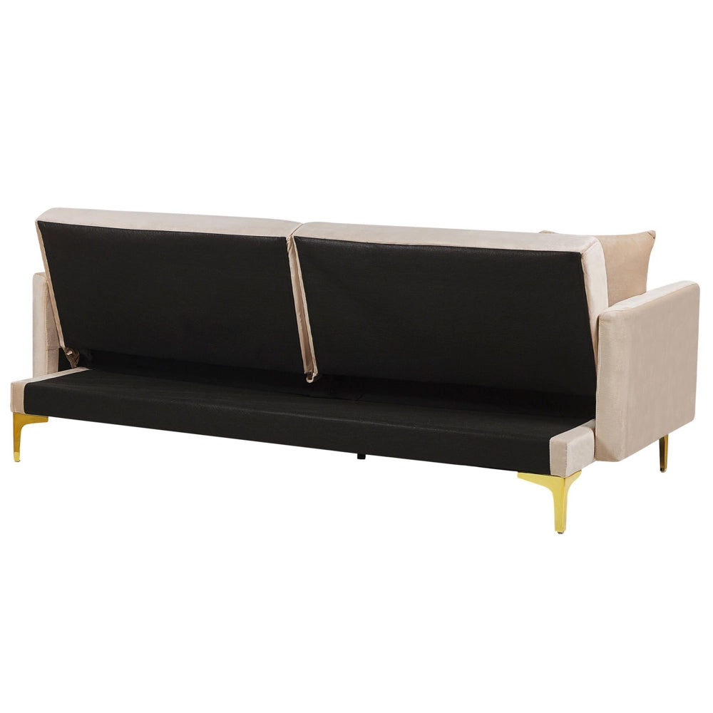 Moderno Divano Letto a 3 Posti Rivestito in Velluto Beige Piedini Cromati
