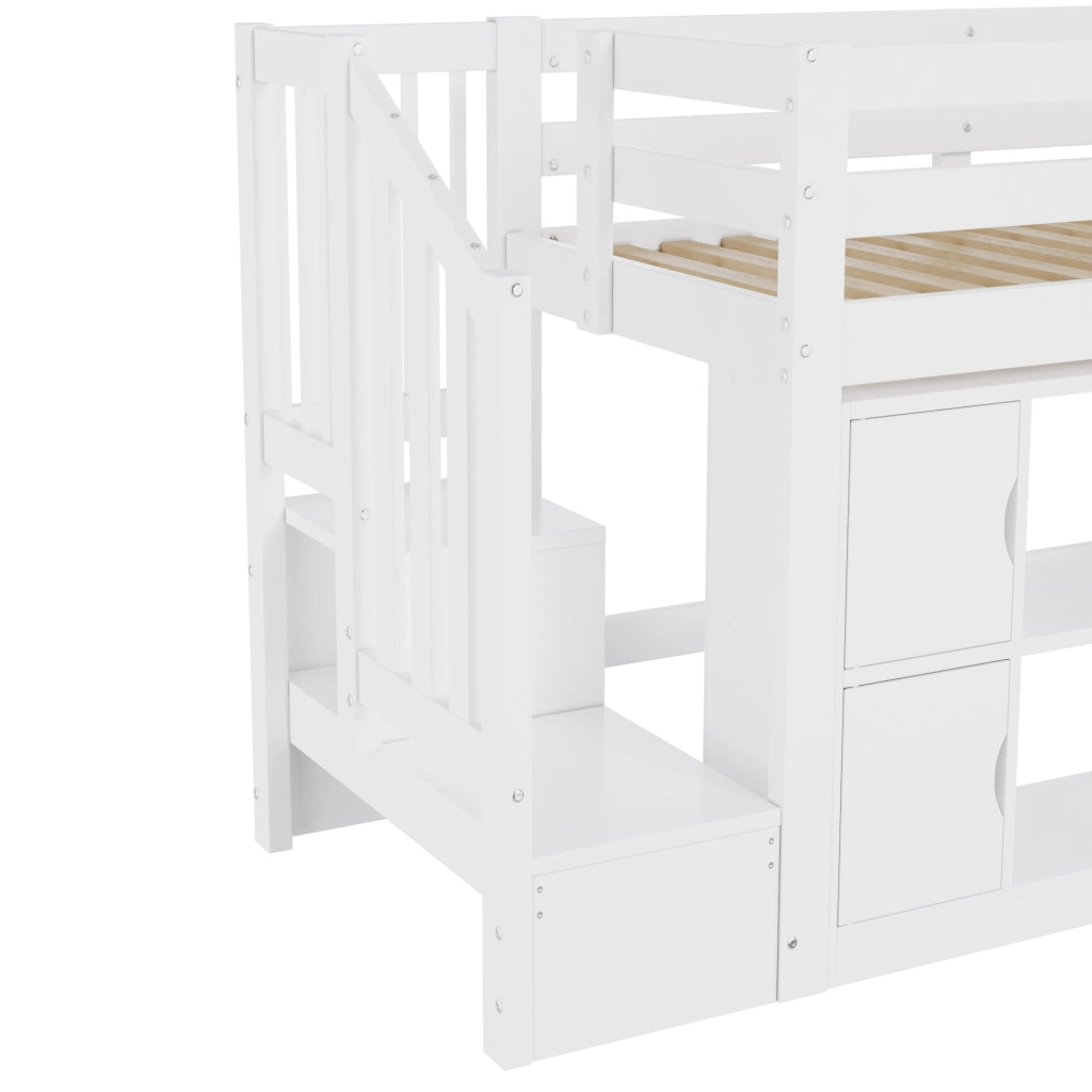 Letto a soppalco 90x200 cm con scala contenitore e LED in legno bianco