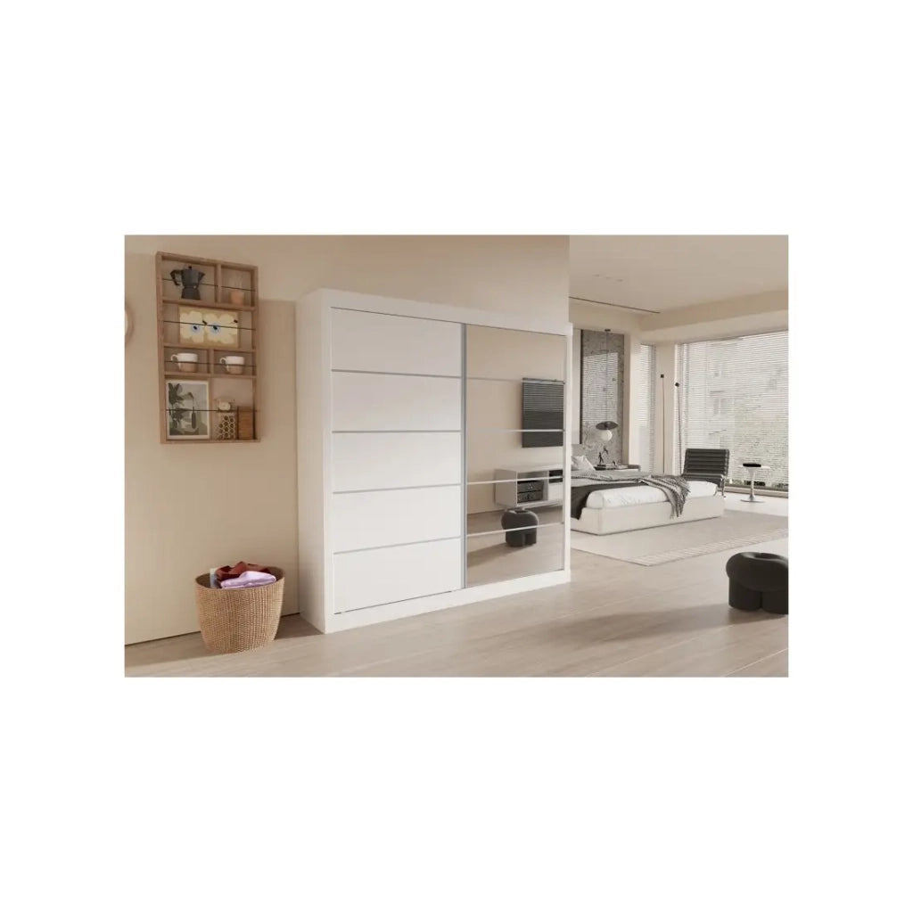 Guardaroba MILS, armadio con 2 porte scorrevoli e specchio, colore bianco