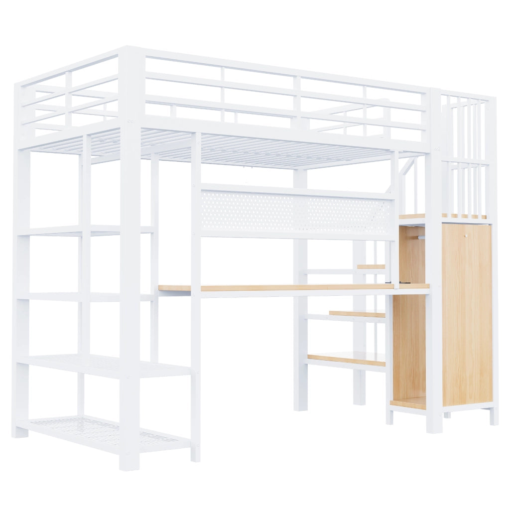 Letto a soppalco singolo 90×200 cm con scala contenitore; LED; prese e scaffale; senza materasso; bianco