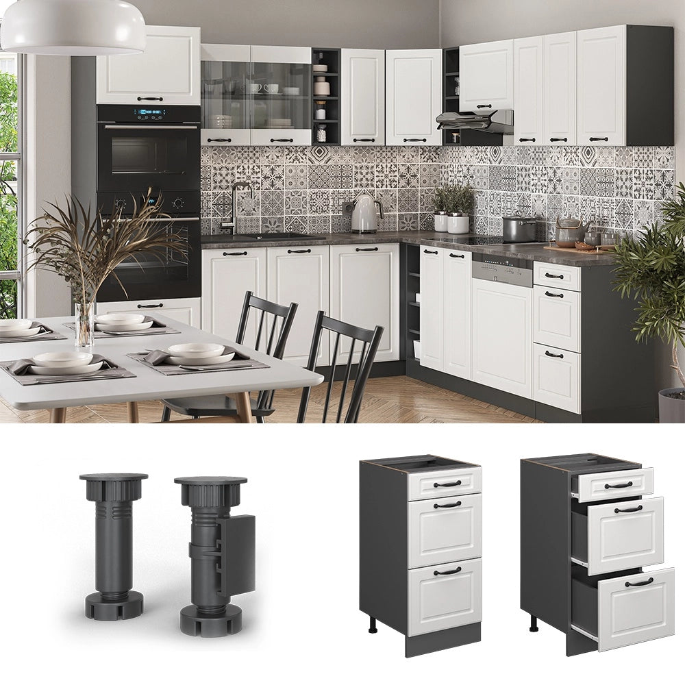 Mobiletto base per cucina R-Line Bianco rustico/Antracite 40 cm con cassetti, senza piano di lavoro Vicco