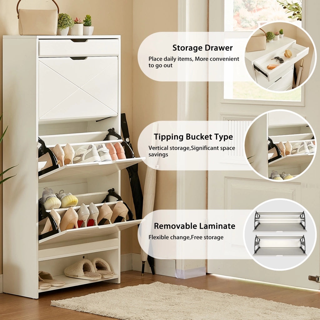 Scarpiera con 3 vani a ribalta e cassetto superiore; ripiani regolabili; per ingresso; in MDF; 43×23×147 cm; bianco