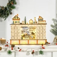Calendario dell'Avvento in Legno con 24 Cassetti da Riempire, Decorazione con Villaggio di Natale e Luci, 44x10x37cm