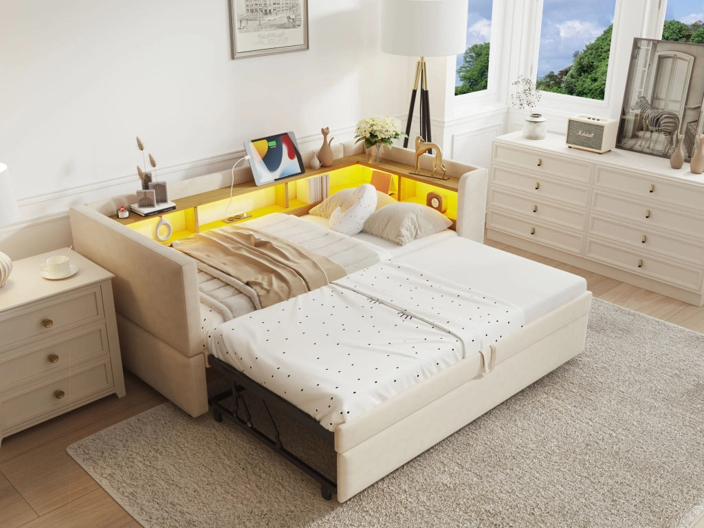 Divano letto estraibile 90/180x190 cm con LED, prese e vani beige