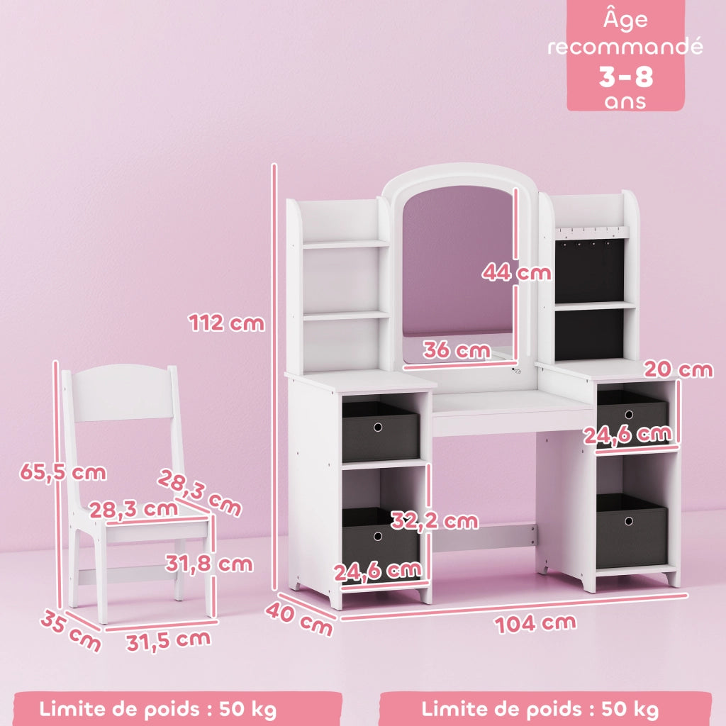 Tavolo da trucco bambini con sgabello e specchio LED ¨C zephmum ¨C 104x40x112 bianco