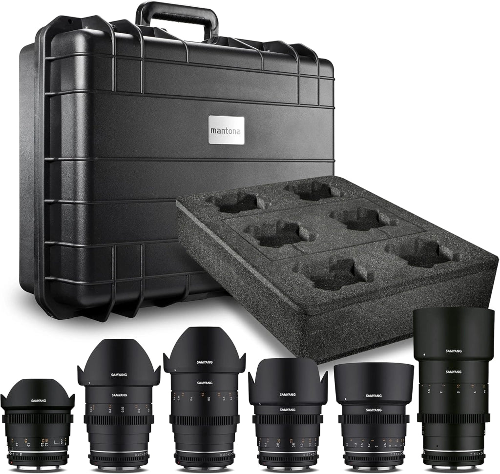 MF Set di obiettivi video VDSLR MK2 in valigetta, per Canon EF, obiettivi fotografici con lunghezze focali 14, 24, 35, 85, 135 mm, dal grandangolo al teleobiettivo