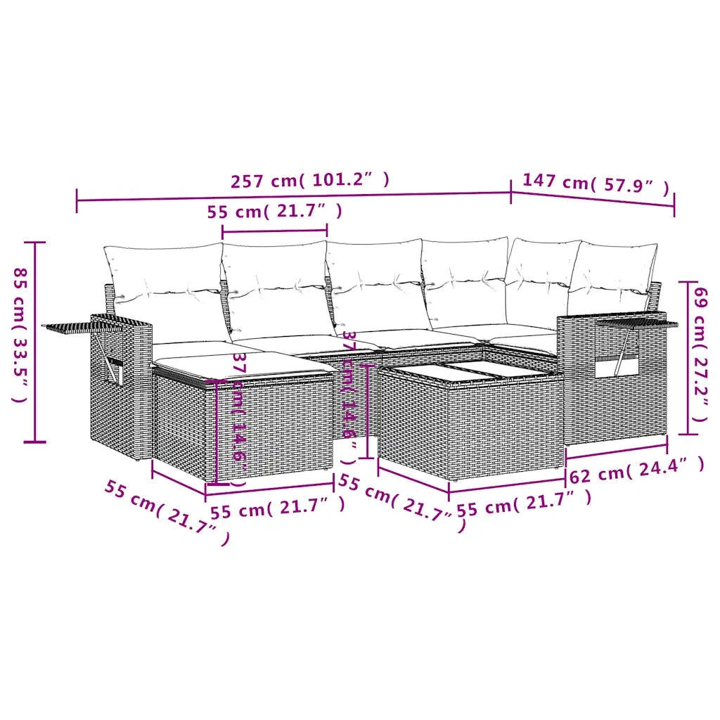 Set Divani da Giardino 7pz con Cuscini Grigio Chiaro Polyrattan