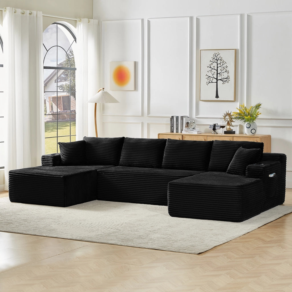 Divano modulare a U in velluto a coste per soggiorno senza montaggio con seduta profonda e design ergonomico nero