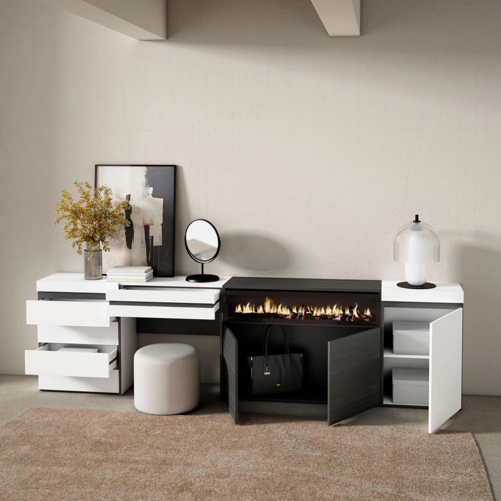 Credenza, 277x35x75cm, Camera da letto, Camino elettrico, Cassettiera, Tavolo da toeletta, Bianco RF3405