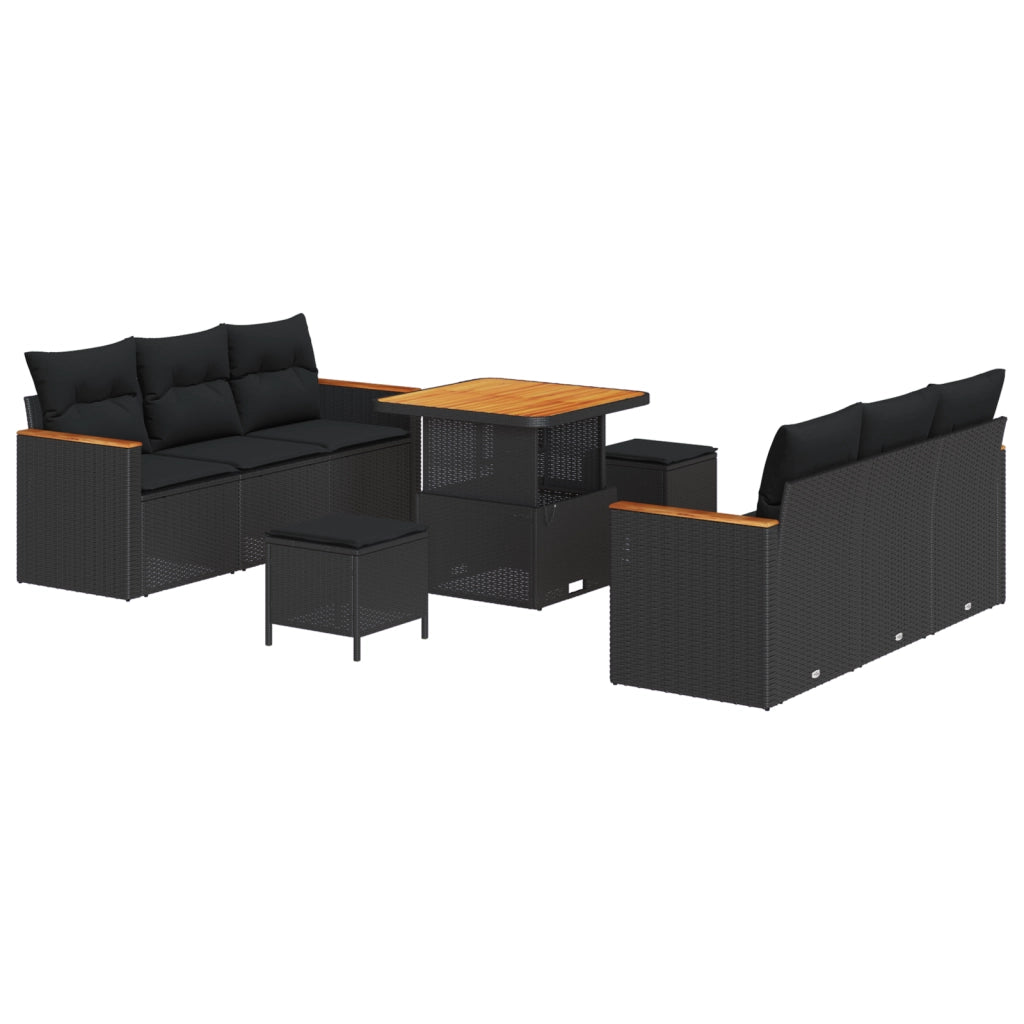 Set di divani da giardino  da 9 pezzi con cuscini in polyrattan nero e legno di acacia