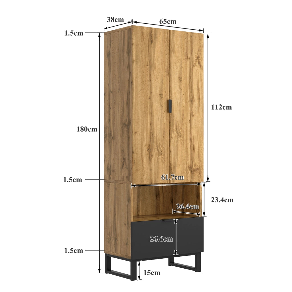 Armadio con asta appendiabiti, 1 cassetto e 3 ripiani, per ingresso, in truciolare, nero, 180 × 38 × 65 cm