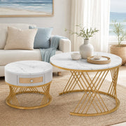 Set 2 tavolini rotondi 70 cm bianco in MDF con cassetto e struttura metallica