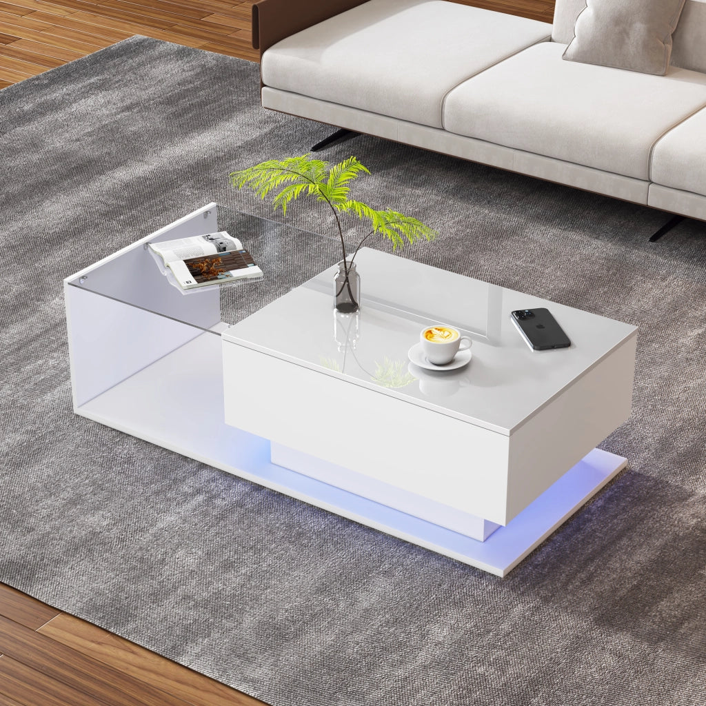 Tavolino da caff¨¨ bianco lucido 100x50x32 cm con piano in vetro, cassetto e illuminazione LED intelligente