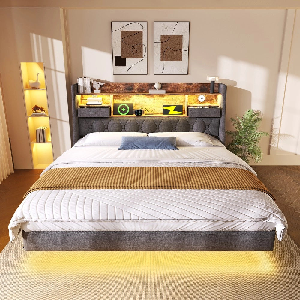Letto Imbottito Matrimoniale con LED e Contenitore ¨C MINIMAL ¨C Lino Grigio 180x200