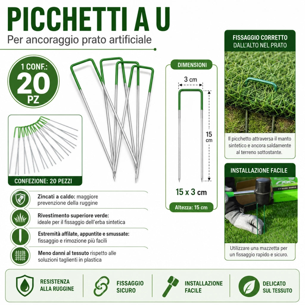 Picchetti a u zincati 15x3 cm testa verde fissaggio prato sintetico 20 pezzi