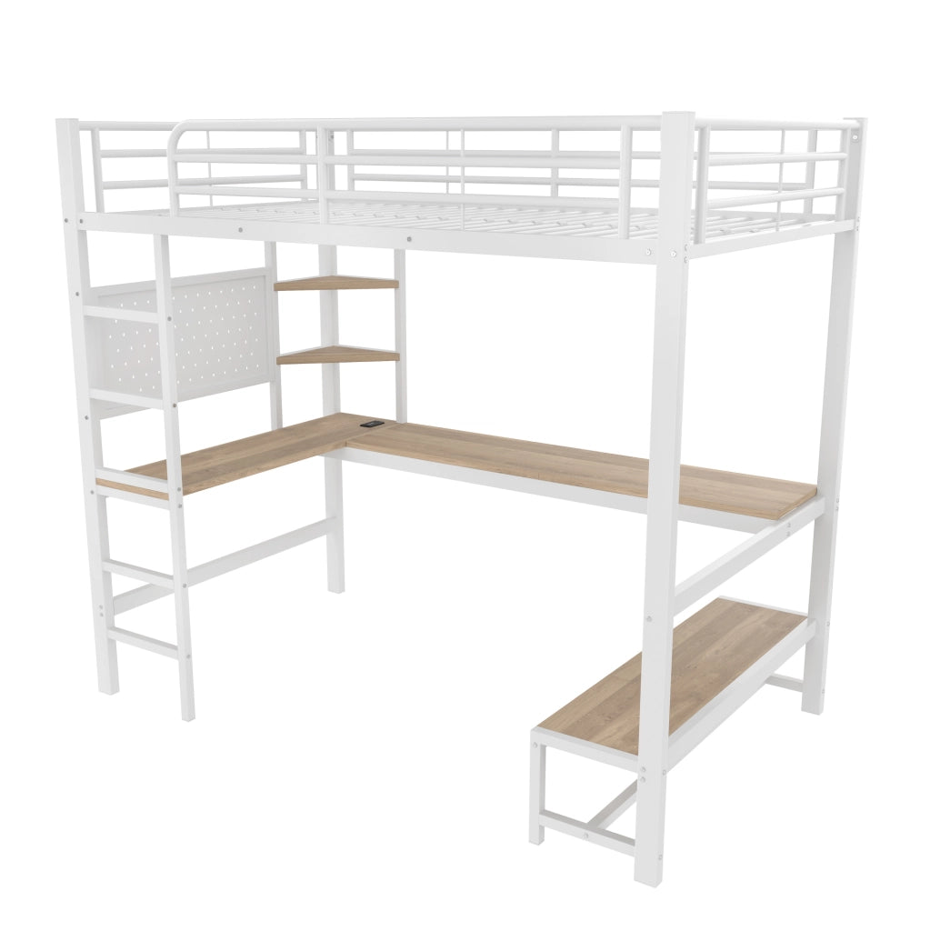 Letto a soppalco ULEVR 90x200 cm con scrivania, LED, prese USB e Type-C, ripiani, bianco