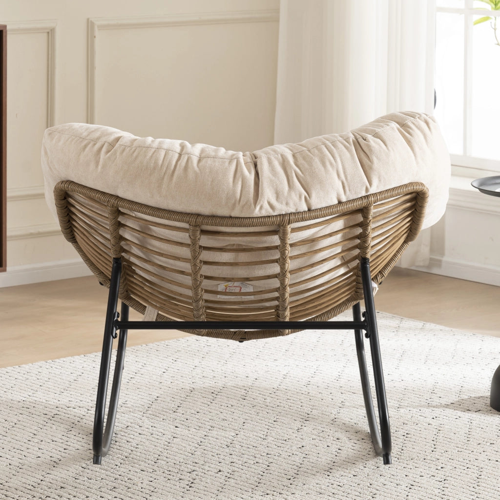 Poltrona a dondolo papasan in chenille con struttura ergonomica e supporto stabile beige 96 × 58 × 31 cm