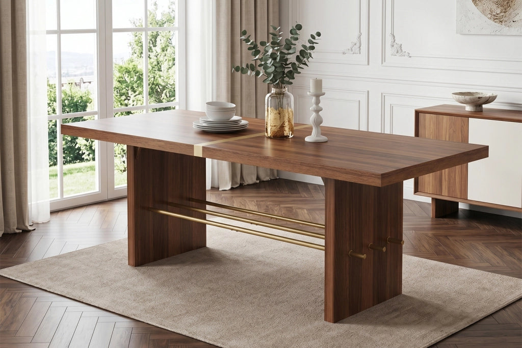 Tavolo da pranzo 180 × 75 cm in MDF, colore noce, per 6–8 persone, struttura stabile con traversa dorata