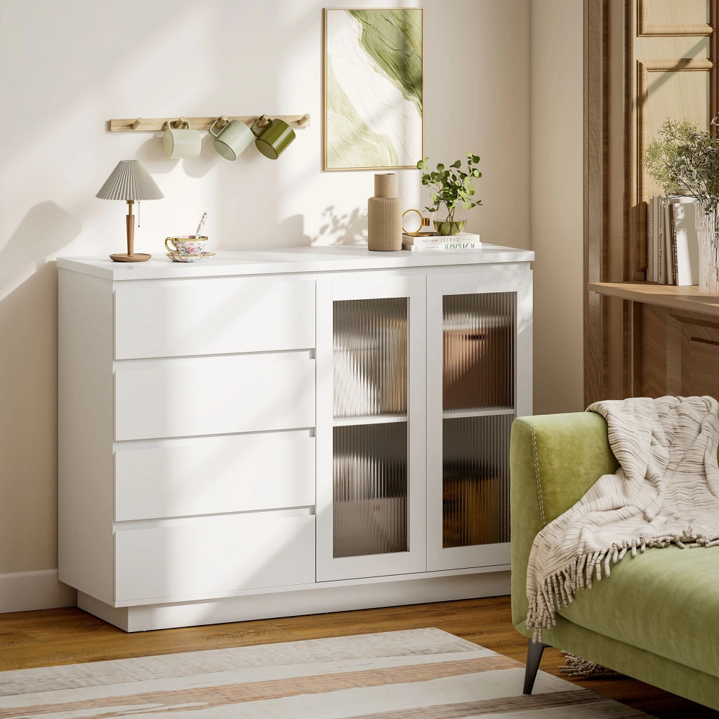 Credenza con 4 Cassetti e Ante in Vetro ¨C zephmum ¨C Bianco 120x40x91 cm