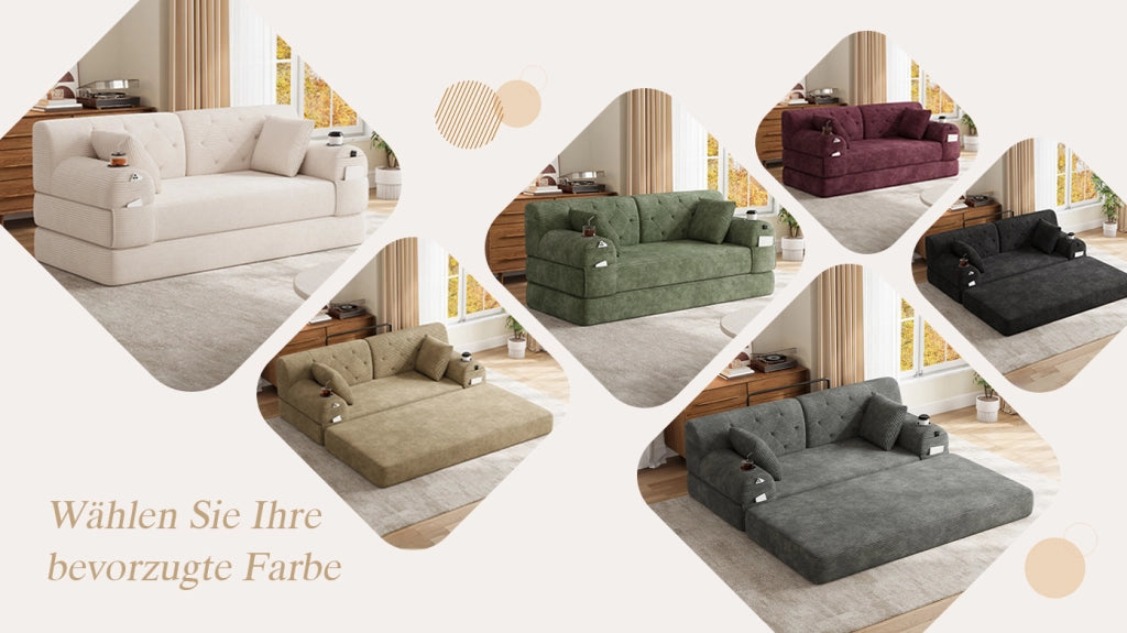 Divano letto compatto 2 posti con schienale alto, tasche laterali e portabicchieri in tessuto cord beige